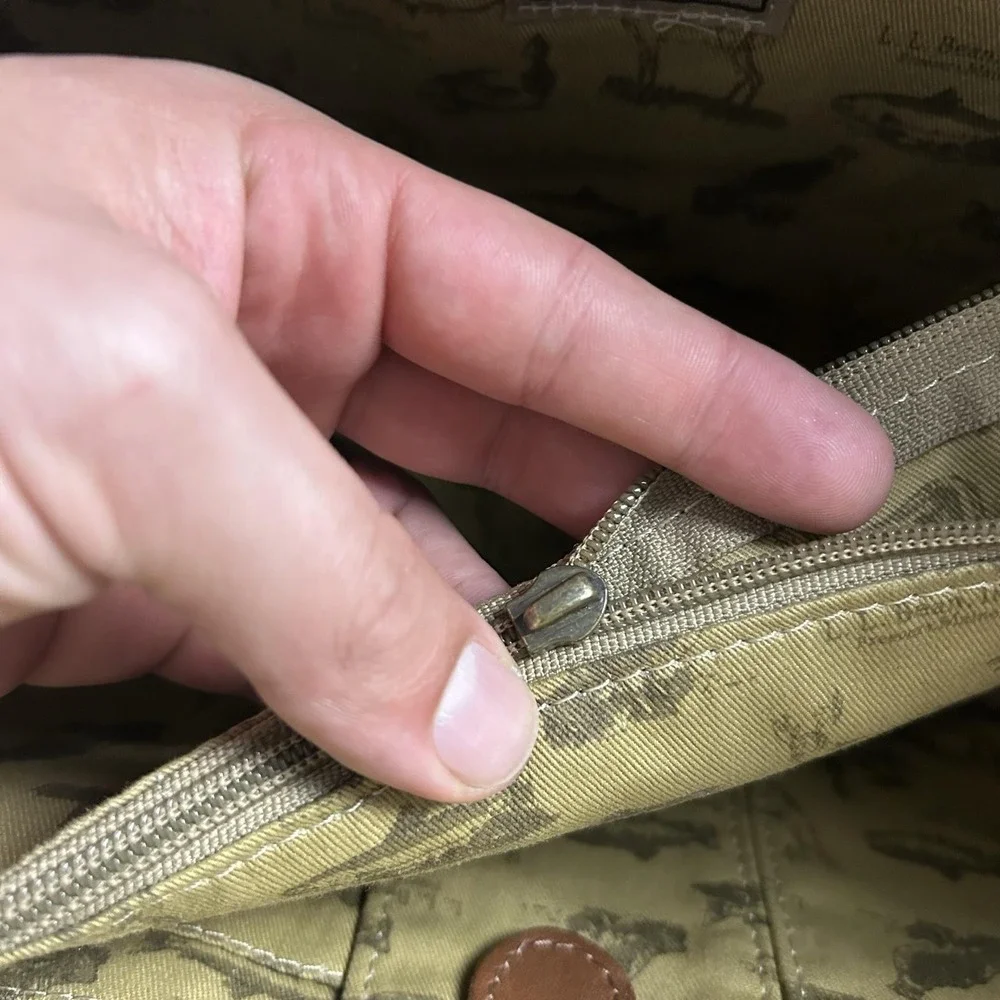 LL Bean Beige 23in Canvas Mens Tote Bag Leather Trim Travel Weekend Work